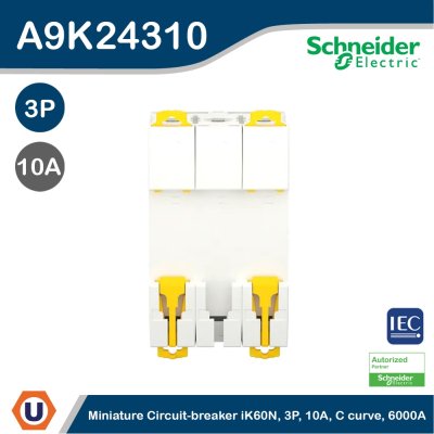 Schneider Electric Miniature Circuit-Breaker, Acti9 iK60N, 3P, 10 A, C Curve, 6000 A (IEC 60898-1) I A9K24310