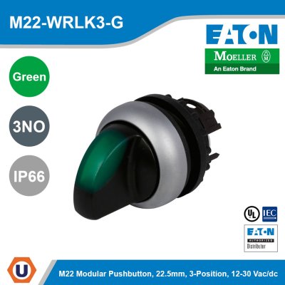 EATON M22 Modular Pushbutton Selector Switch Operator 22.5 mm. Green IP66 | M22-WRLK3-G