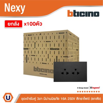 ยกลัง | BTicino ชุดเต้ารับคู่มีกราวด์ 3ขา มีม่านนิรภัยแนวตั้ง สีกราไฟต์ 16A 250V | Nexy | QG4185AE