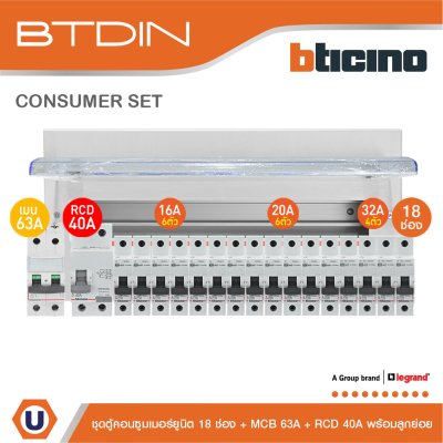 BTicino ชุดตู้คอนซูมเมอร์ยูนิต BTDIN 18 ช่อง (แบบเกาะราง) + MCB 2P 63A + RCD 2P 40A