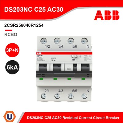 ABB อุปกรณ์ป้องกันไฟรั่วไฟดูด (RCBO) และกระแสไฟเกิน, 3P+N, 30mA, 25A รุ่น DS203NC C25 AC30 l 2CSR256040R1254