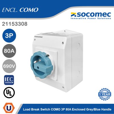 Socomec Load Break Switch COMO 3P 80A Enclosed Grey/Blue Handle | 21153308