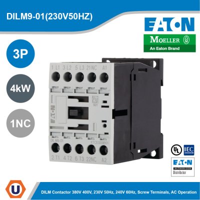 EATON Moeller Series DILM Contactor 3P 4 kW 1NC 230V 50Hz, 240V 60Hz | DILM9-01(230V50HZ)
