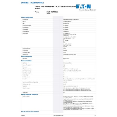 EATON Contactor, 3 pole, 380 V 400 V 4 kW, 1 NC, 24 V 50 Hz, AC operation, Screw terminals | DILM9-01(24V50HZ)