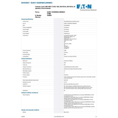 EATON Contactor, 3 pole, 380 V 400 V 7.5 kW, 1 N/O, 230 V 50 Hz, 240 V 60 Hz, AC | DILM17-10(230V50HZ,240V60HZ)