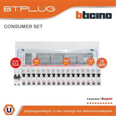 BTicino ชุดตู้คอนซูเมอร์ ยูนิต 1เฟส 2สาย 240โวลท์ (ปลั๊ก-อิน) 16ช่อง + เมนกันดูด RCBO 50A + เบรกเกอร์ลูกย่อย