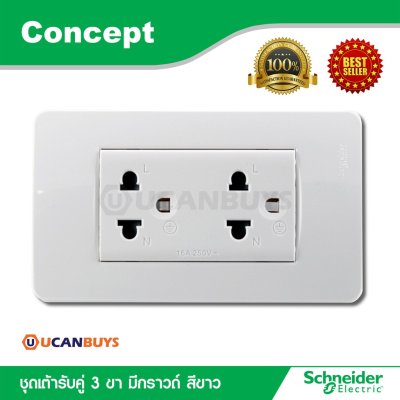 Schneider ชุดปลั๊กคู่ 3 ขา มีกราวด์ + หน้ากากฝาครอบ สีขาว รุ่น Concept
