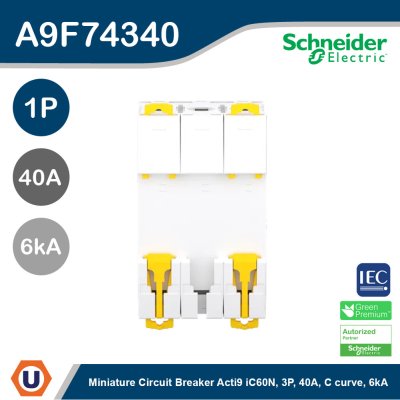 Schneider Electric เซอร์กิตเบรกเกอร์ขนาดเล็ก 3P 40A Acti9 iC60N 6kA C curve | A9F74340