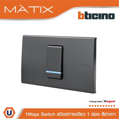 BTicino ชุดสวิตซ์ทางเดียว Size s 1 ตัว มีพรายน้ำพร้อมฝาครอบ 1 ช่อง สีดำ | Matix