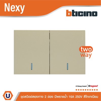 BTicino ชุดสวิตช์สองทาง ขนาด 2 ช่อง มีพรายน้ำ สีไทเทเนียม 2 Way Switch 2 Gang Titanium  รุ่น Nexy