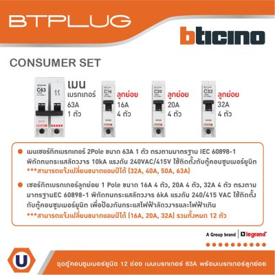 BTicino ชุดตู้คอนซูเมอร์ ยูนิต 1เฟส 2สาย 240 โวลท์ (ปลั๊ก-อิน) 12ช่อง + เมนเบรกเกอร์ 63A + เบรกเกอร์ลูกย่อย