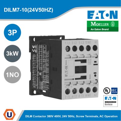 EATON Moeller Series DILM Contactor 3P 3kW 1NO 24V 50/60Hz AC Operation | DILM7-10(24V50HZ)