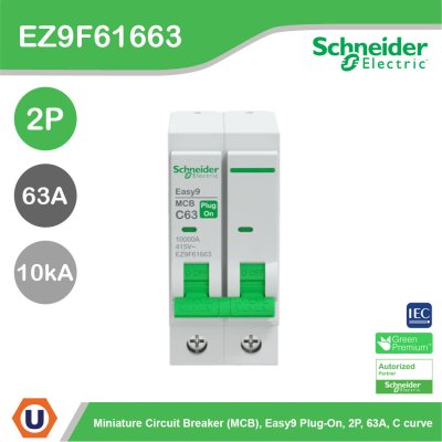 Schneider Electric เมนเซอร์กิตเบรกเกอร์ รุ่น Easy9 Plug-On ขนาด 2P 10kA 63A รหัส EZ9F61663