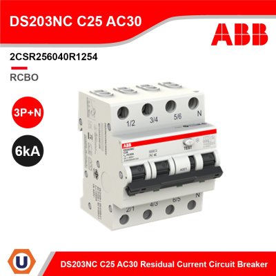 ABB อุปกรณ์ป้องกันไฟรั่วไฟดูด (RCBO) และกระแสไฟเกิน, 3P+N, 30mA, 25A รุ่น DS203NC C25 AC30 l 2CSR256040R1254