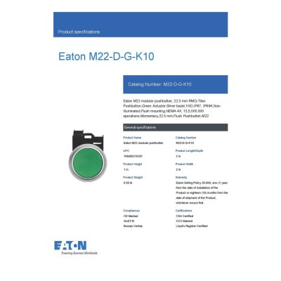 Eaton M22 modular pushbutton, 22.5 mm RMQ-Titan Pushbutton,Green Actuator, l M22-D-G-K10