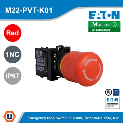Eaton M22 Twist-To-Release Emergency Stop, Complete Device, Knob, Maintained, Bezel Silver, Red, 1NC, IP67 l M22-PVT-K01