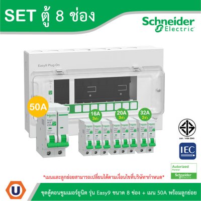 Schneider Electric ชุดตู้คอนชูมเมอร์ยูนิต รุ่น Easy9 Plug-On ขนาด 8 ช่อง + เมนเบรกเกอร์ 50A