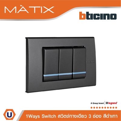 BTicino ชุดสวิตซ์ทางเดียว Size S มีพรายน้ำ พร้อมฝาครอบ 3 ช่อง สีดำ มาติกซ์ | Matix