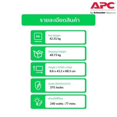 Schneider Electric APC เครื่องสำรองไฟ แบบแร็ค 2U (2000VA/1300WATT) AVR Sinewave 6 Smartconnect | SMC2000I-2U