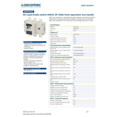 Socomec AC Load Break Switch SIRCO 3P 250A Front Operation w/o Handle | 26003026