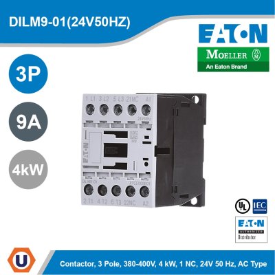 EATON Contactor, 3 pole, 380 V 400 V 4 kW, 1 NC, 24 V 50 Hz, AC operation, Screw terminals | DILM9-01(24V50HZ)