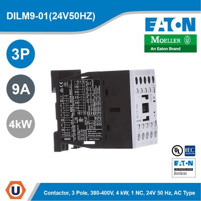 EATON Contactor, 3 pole, 380 V 400 V 4 kW, 1 NC, 24 V 50 Hz, AC operation, Screw terminals | DILM9-01(24V50HZ)