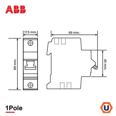 ABB S201M-C50 เมนเซอร์กิตเบรกเกอร์ 1P, 50A, 10kA ป้องกันการใช้กระแสไฟเกินกำหนด