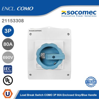 Socomec Load Break Switch COMO 3P 80A Enclosed Grey/Blue Handle | 21153308