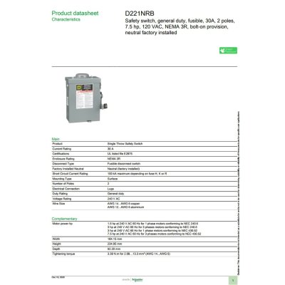 Schneider Electric Safety Switch 30A 1 เฟส 240VAC เซฟตี้สวิตช์ แบบติดตั้งฟิวส์ได้ ใช้ภายนอกอาคาร | D221NRB