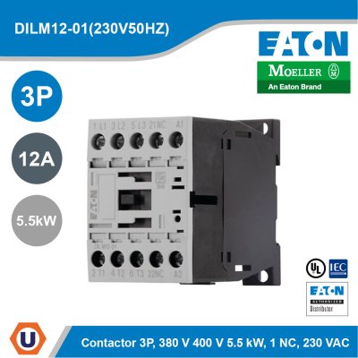 Eaton Contactor, 3 pole, 380 V 400 V 5.5 kW, 1 NC AC operation, Screw terminals | DILM12-01(230V50HZ,240V60HZ)
