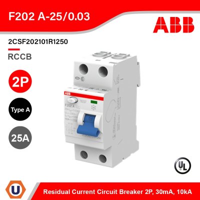 ABB F202 A-25/0.03 Residual Current Circuit Breaker (RCCB) 2P, TypeA, 30mA, 25A รุ่น F200 l 2CSF202101R1250