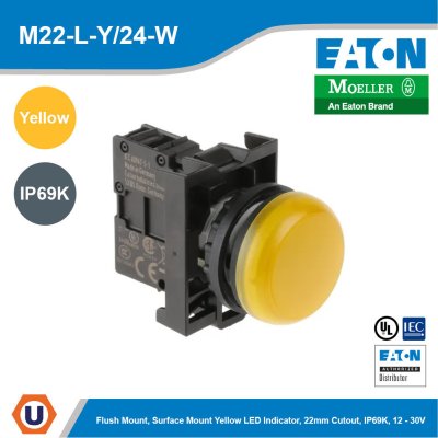 EATON RMQ Titan M22, Flush Mount, Rear, Surface Mount Yellow LED Indicator, 22mm Cutout, IP69K, Round, 12 - 30V