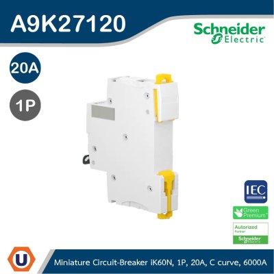 Schneider Electric Miniature Circuit-Breaker, Acti9 iK60N, 1P,20 A, C Curve, 6000 A (IEC 60898-1) I A9K27120