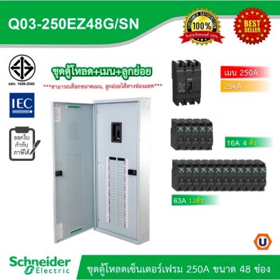 Schneider Electric ชุดตู้โหลดเซ็นเตอร์สแควร์ดีเฟรม 250A ขนาด 48 ช่อง + เมน 100A, 25kA + ลูกย่อย 16A = 4 l ลูกย่อย 63A = 12 ตัว