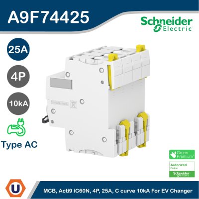 Schneider Electric เบรกเกอร์ MCB, Acti9 iC60N, 4P, 25 A, C curve, 10 kA รหัส A9F74425
