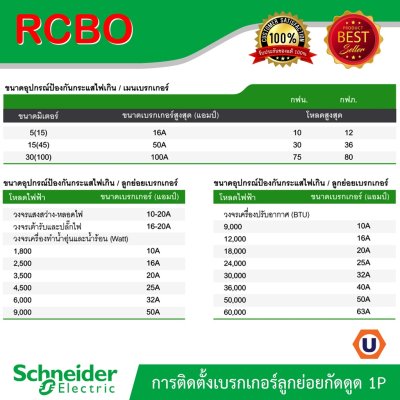 Schneider Electric เมนเซอร์กิตเบรกเกอร์ ป้องกันไฟรั่ว/ไฟดูดชนิด 2โพล10kA16แอมป์ QO216C10RCBO30