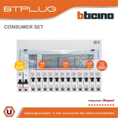 BTicino ชุดตู้คอนซูเมอร์ ยูนิต 1เฟส 2สาย 240 โวลท์ (ปลั๊ก-อิน) 12ช่อง + เมนเบรกเกอร์ 63A + เบรกเกอร์ลูกย่อย