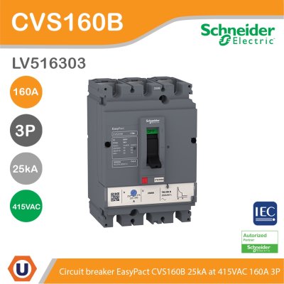 Schneider Electric Circuit breaker CVS160B 25 kA at 415 VAC 160 TM-D trip unit, 3P | LV516303