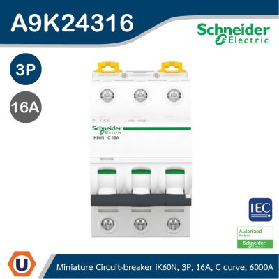 Schneider Electric Miniature Circuit-Breaker, Acti9 iK60N, 3P, 16 A, C Curve, 6000 A (IEC 60898-1) I A9K24316