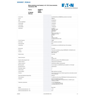 EATON Motor Protective Circuit Breaker, ช่วงปรับกระแส 25-32A, 15kW, 20HP, 32A AC-3, 380V Screw terminals l PKZM4-32