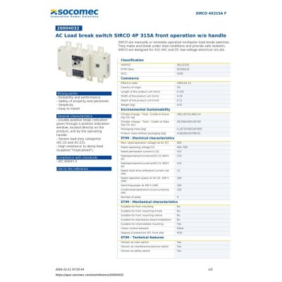 Socomec AC Load Break Switch SIRCO 4P 315A Front Operation w/o Handle | 26004032