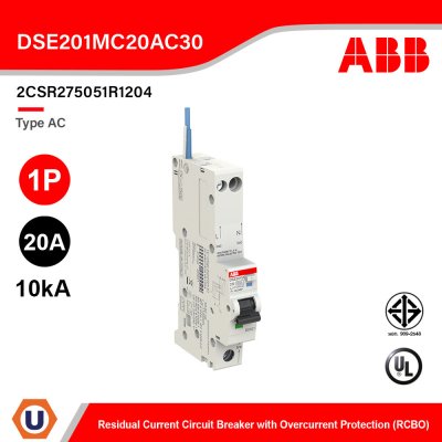 ABB DSE201M C16 AC30 N Blue Residual Current Circuit Breaker with Overcurrent Protection TypeAC, 1P, 20A, 10kA
