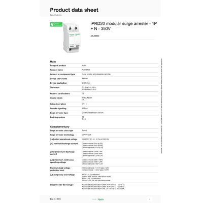 Schneider Electric อุปกรณ์ป้องกันฟ้าผ่า iPRD20 Modular Surge Arrester 1P+N 350V | A9L20500