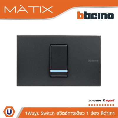 BTicino ชุดสวิตซ์ทางเดียว Size s 1 ตัว มีพรายน้ำพร้อมฝาครอบ 1 ช่อง สีดำ | Matix