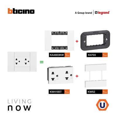 BTicino ชุดเต้ารับคู่กราวน์ พร้อมหน้ากากขนาด 3 ช่อง สีขาว Duplex Socket 16A cover plate white | Living Now