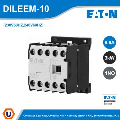 EATON Contactor 6.6A 3 kW, Contacts N/O = Normally open= 1 N/O, Screw terminals, AC-3 | DILEEM-10(230V50HZ,240V60HZ)