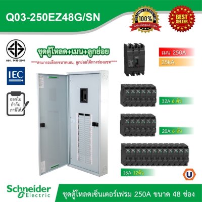 Schneider Electric ชุดตู้โหลดเซ็นเตอร์สแควร์ดีเฟรม 250A ขนาด 48 ช่อง + เมนเบรกเกอร์ 250A, 25kA + ลูกย่อย ขนาด 32A/20A/16A