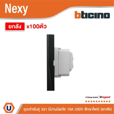 ยกลัง | BTicino ชุดเต้ารับคู่มีกราวด์ 3ขา มีม่านนิรภัยแนวตั้ง สีกราไฟต์ 16A 250V | Nexy | QG4185AE