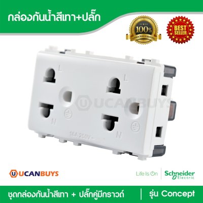 Schneider ชุดฝาครอบกันน้ำพร้อมกล่องกันน้ำ IP55 สีเทา + ปลั๊กคู่มีกราวด์ รุ่น Concept