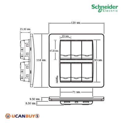 Schneider Electric ชุดสวิตช์ทางเดียวขนาด 1 ช่อง 6 ตัวพร้อมพรายน้ำ ฝาครอบขนาด 6 ช่อง รุ่น Concept
